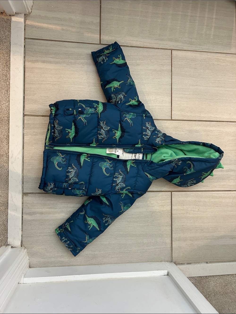 Carter's Blue Dinosaur Puffer/Ski Jacket with Green Lining
